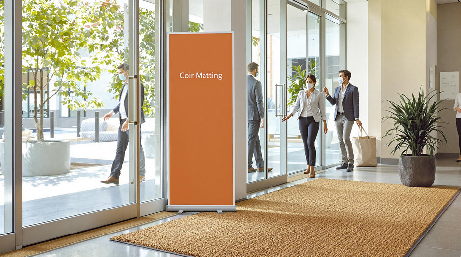 Employees entering business lobby wiping shoes on coir mat