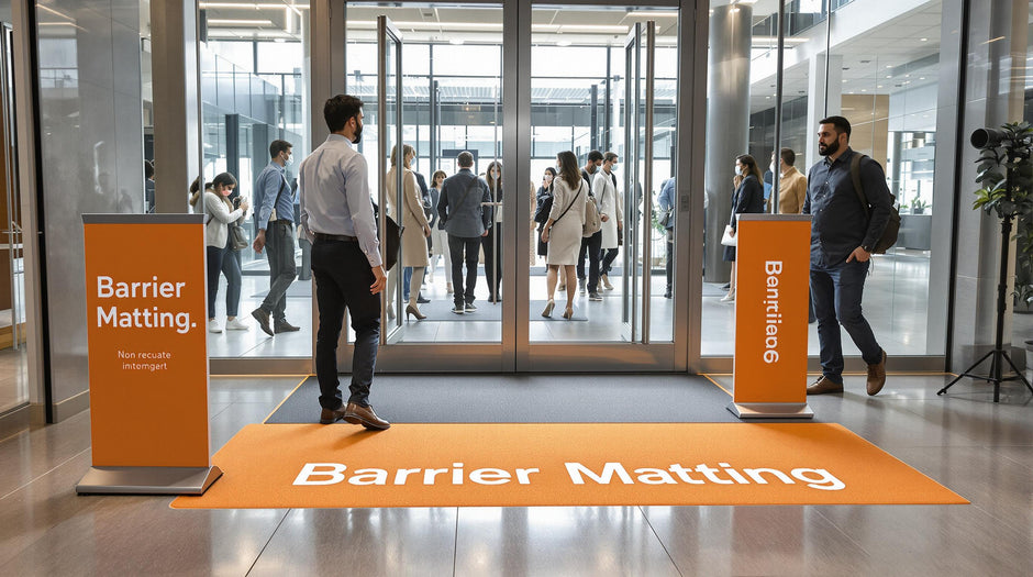Modern business entrance with people using barrier mat