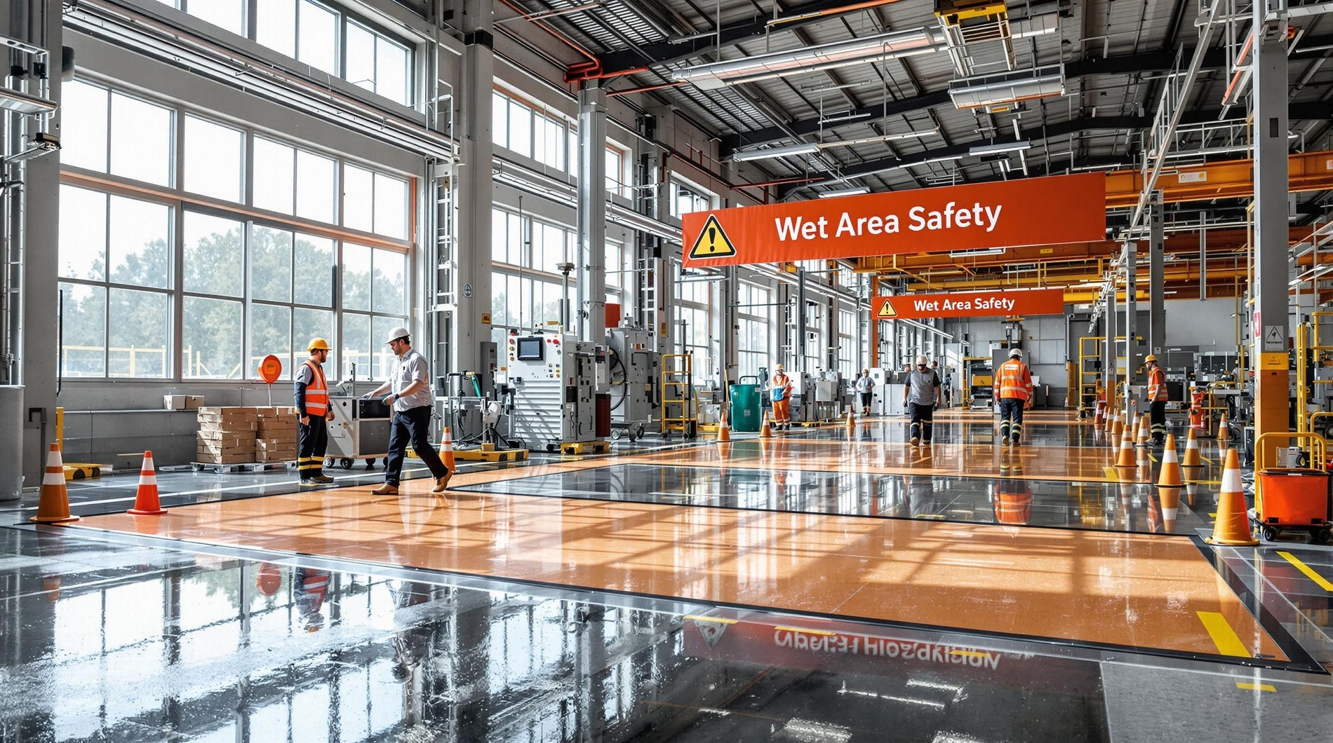 Industrial workers on wet area safety mats with workplace signage