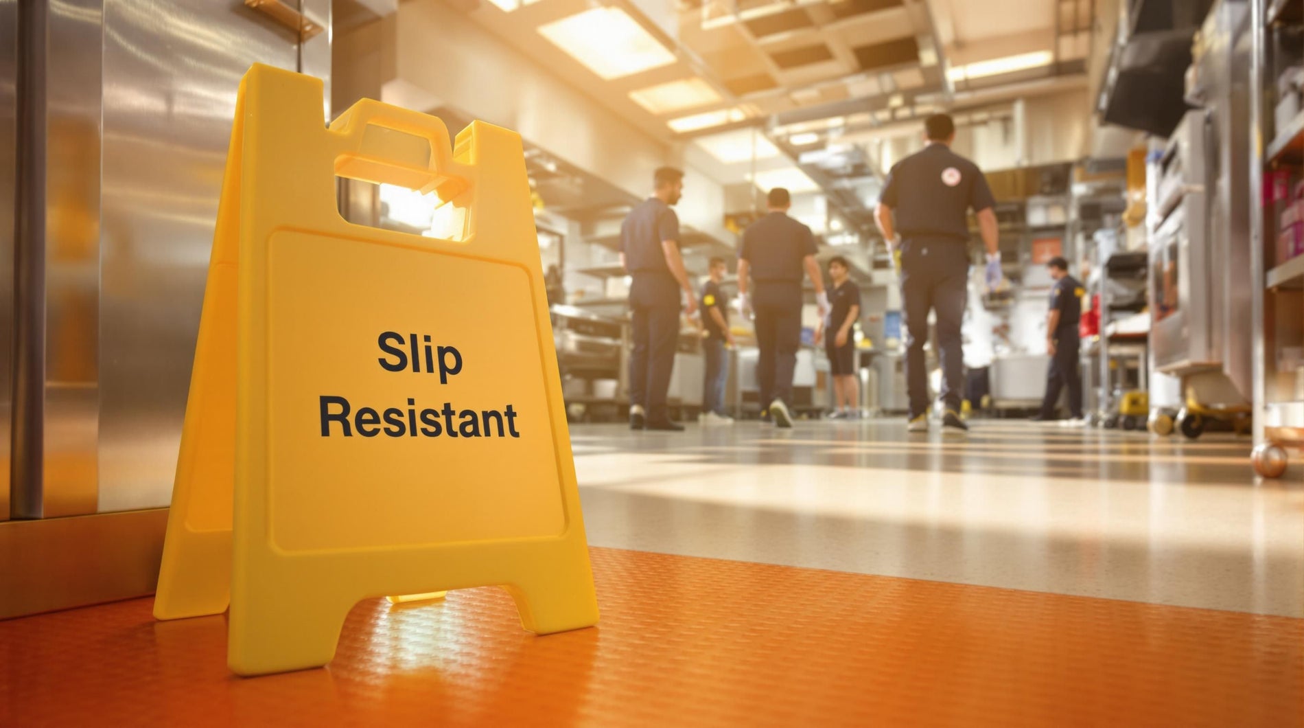 Commercial kitchen staff walk safely on slip-resistant flooring
