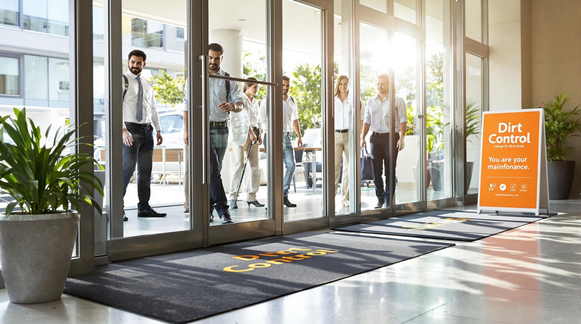 Business lobby entrance with clean mats and natural light