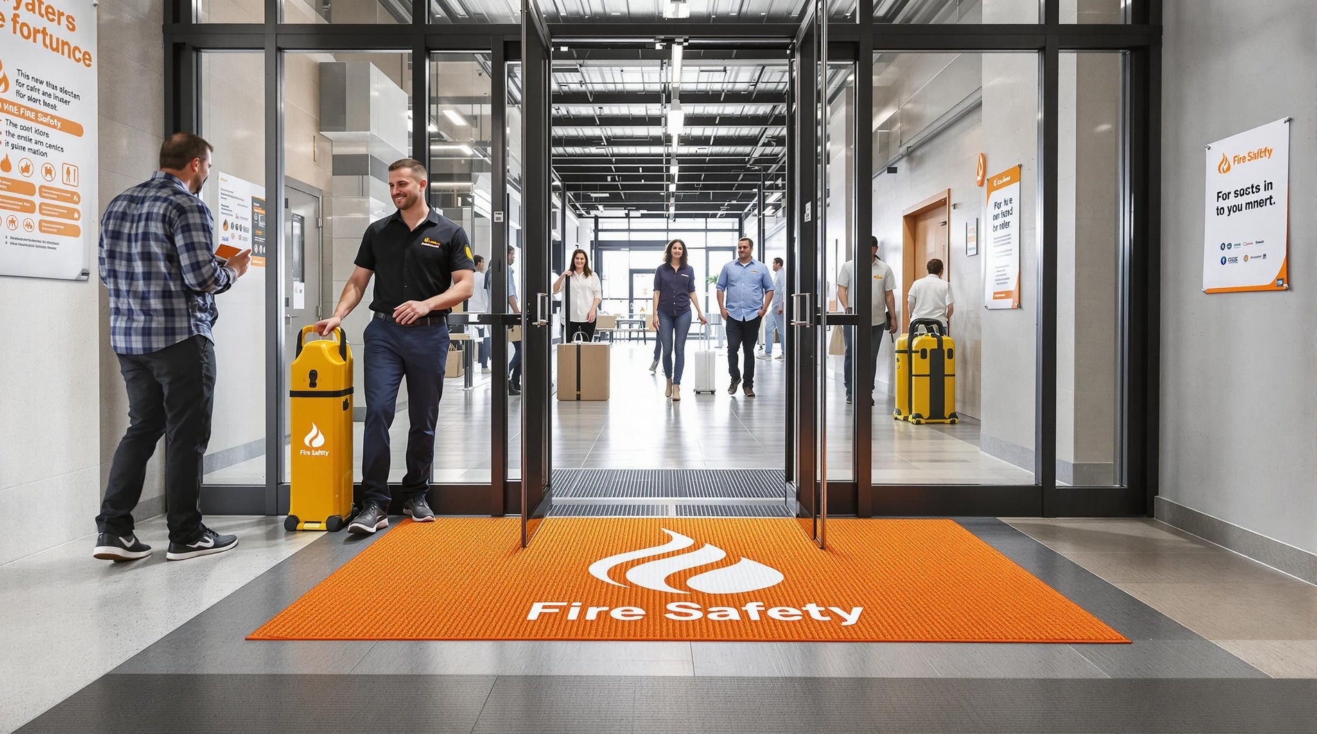 Facility entrance with people stepping on a fire resistant mat