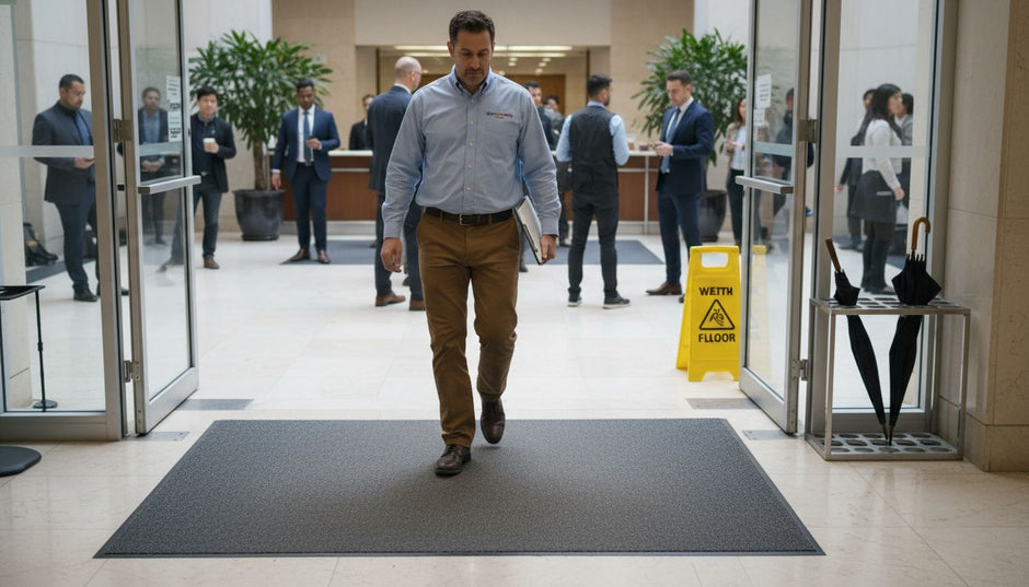 Facilities manager walking across commercial entrance mat