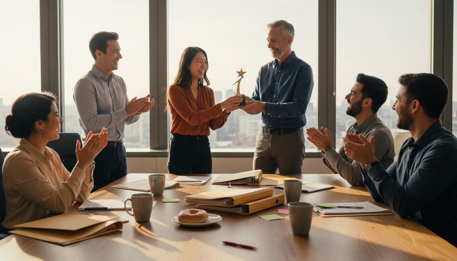 Office team celebrating a coworker’s achievement