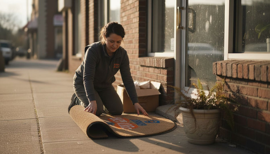 Business owner installing logo welcome mat at doorstep