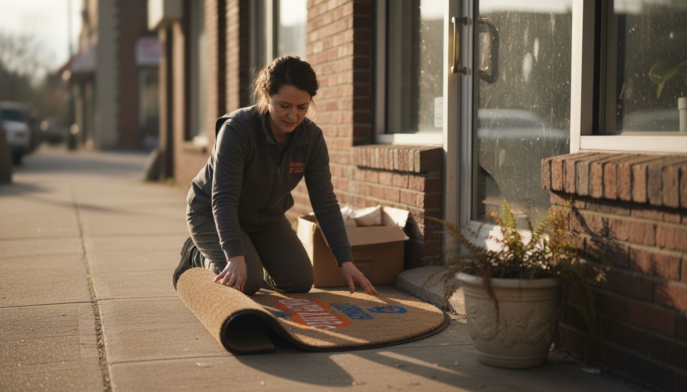 Business owner installing logo welcome mat at doorstep