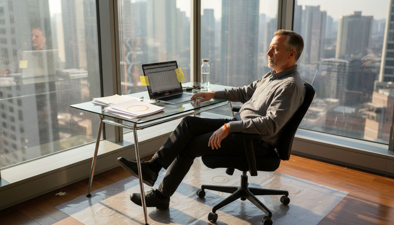 Office chair on carpet protector mat workspace