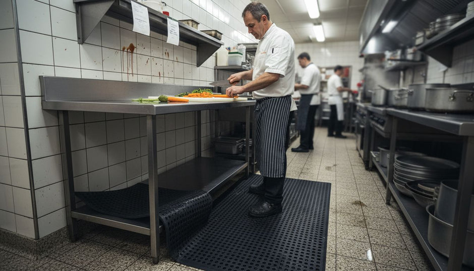 Chef working on non slip mat in commercial kitchen