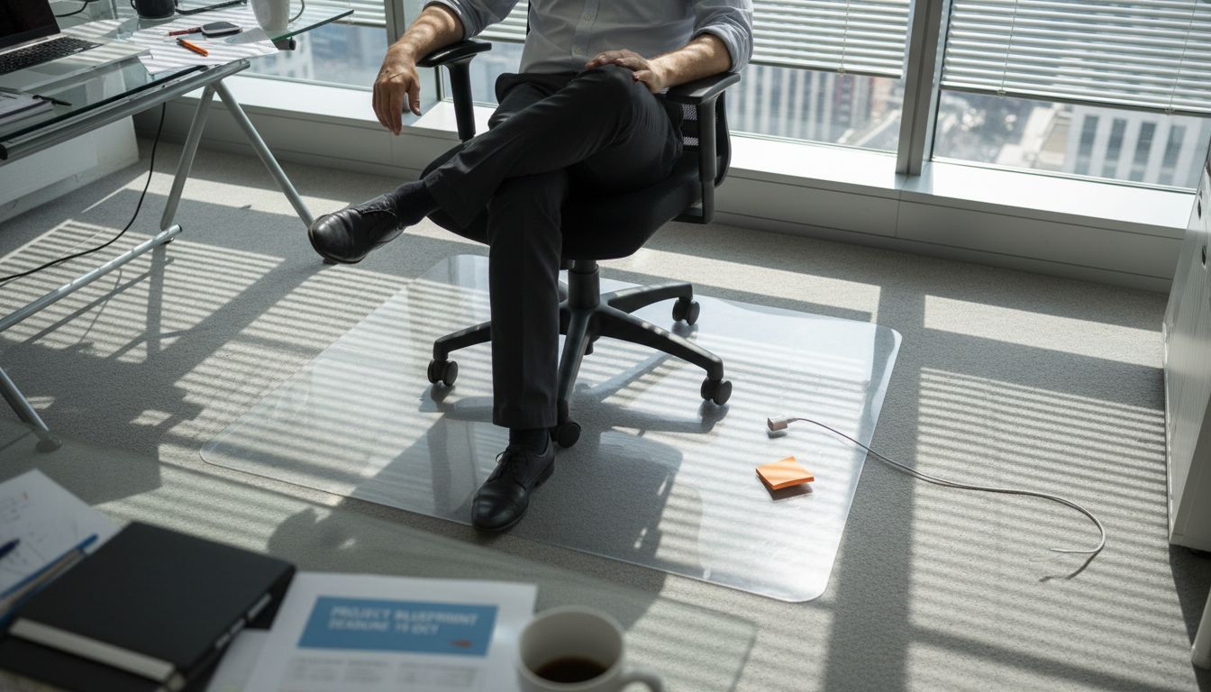 Office worker uses chair mat on carpet