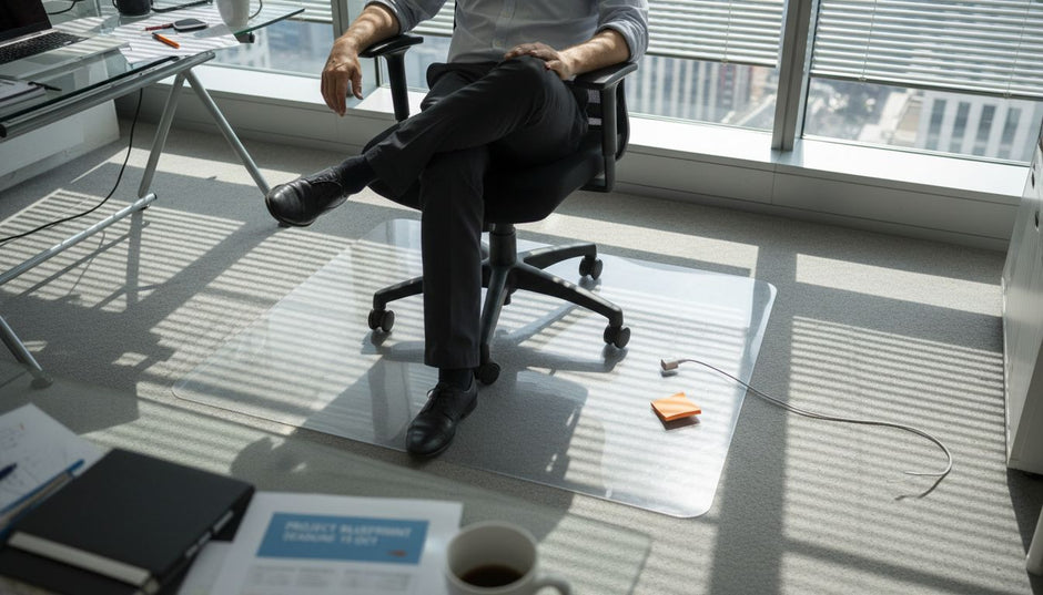 Office worker uses chair mat on carpet