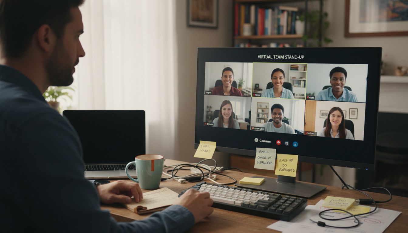 Remote team on video call in UK home office