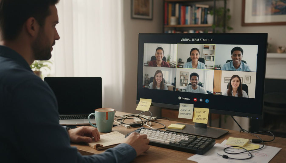 Remote team on video call in UK home office