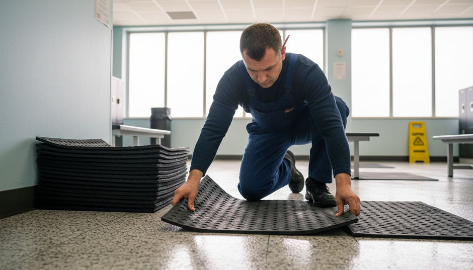Worker installing changing room safety mat