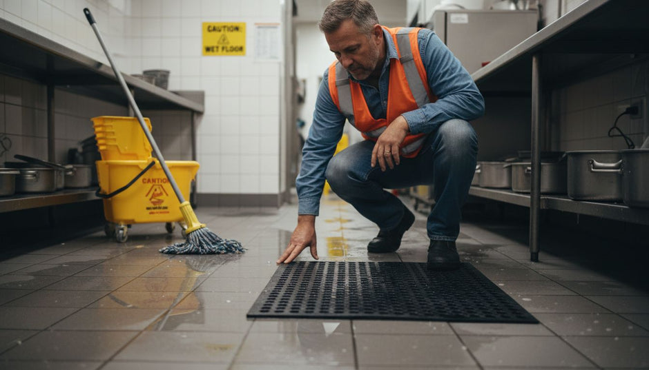 Manager inspecting rubber mats on wet kitchen floor