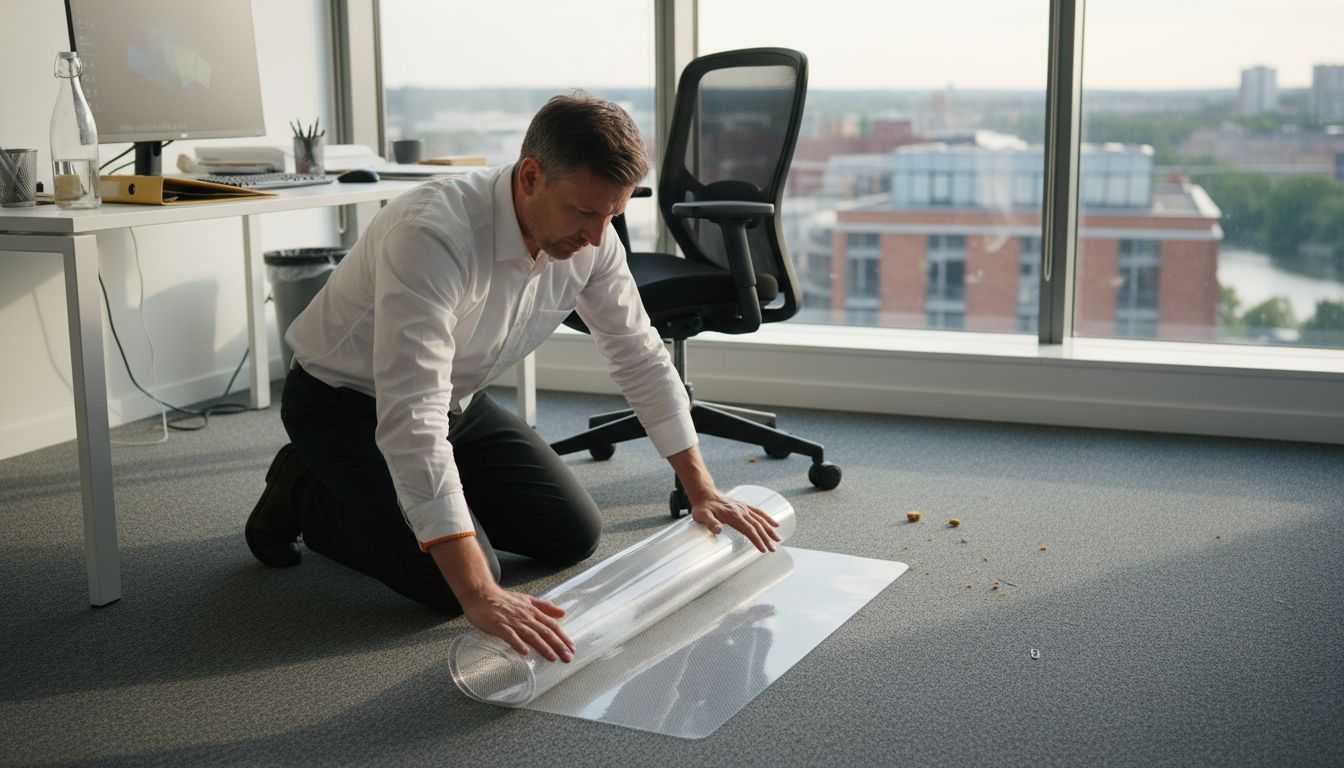 Worker installing chair mat in office corner