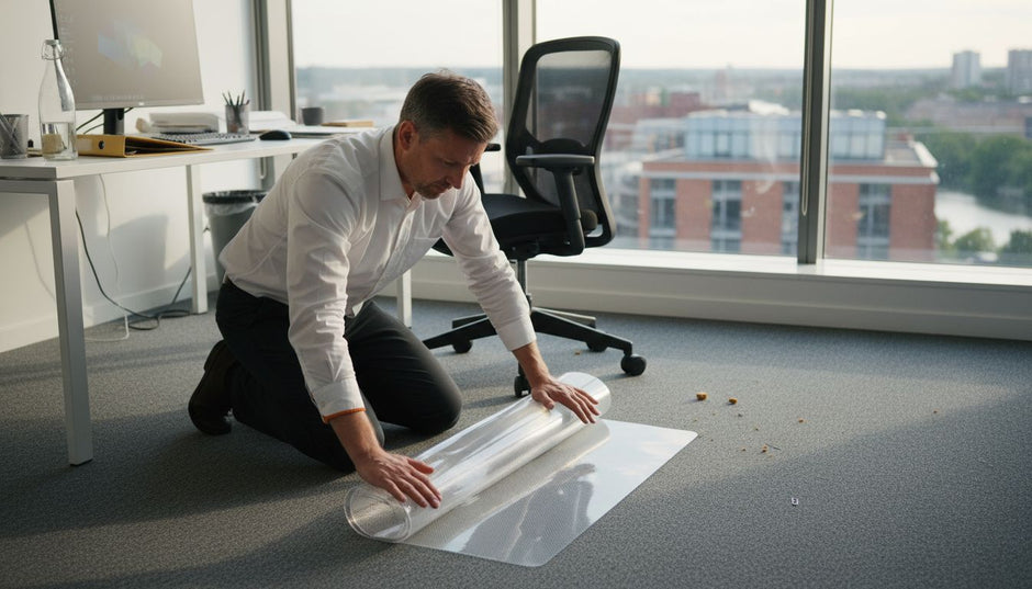 Worker installing chair mat in office corner