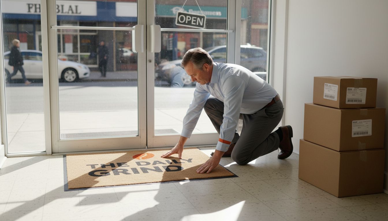 Owner places branded mat at shop entrance