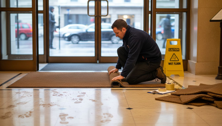 Facilities manager installs coir mat at hotel entrance