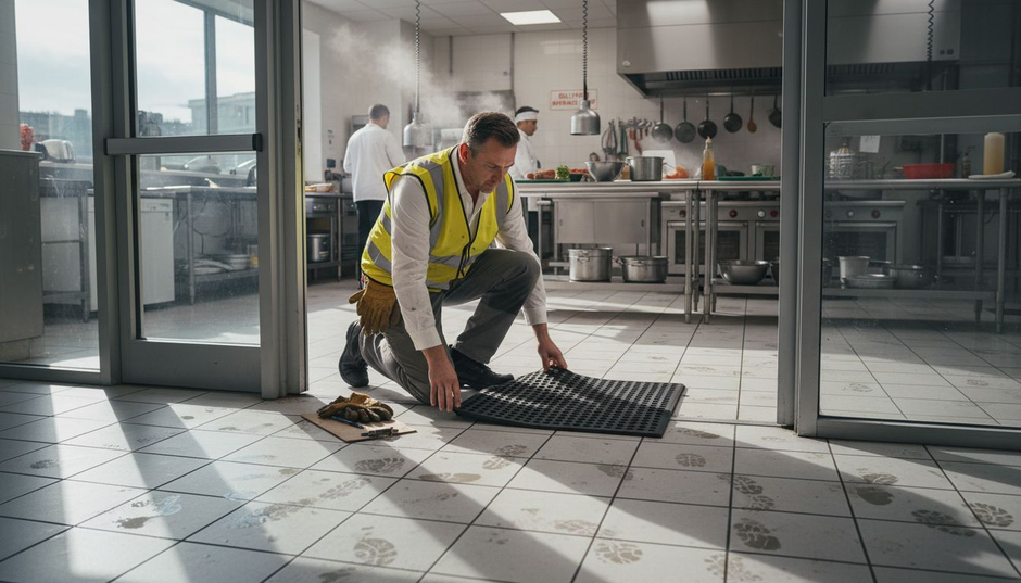 Manager installing slip proof rubber mat