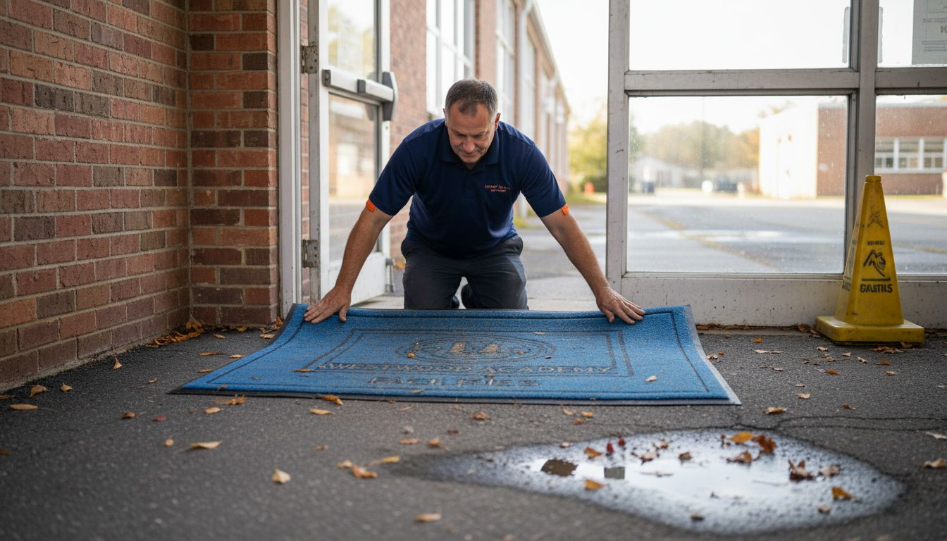 Manager placing waterproof outdoor mat at facility entrance