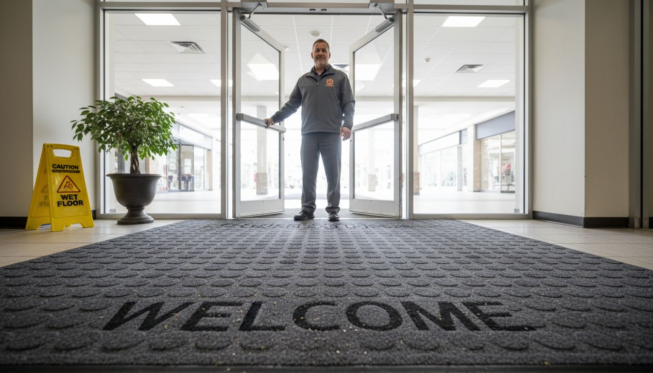 Branded mat at retail plaza entrance