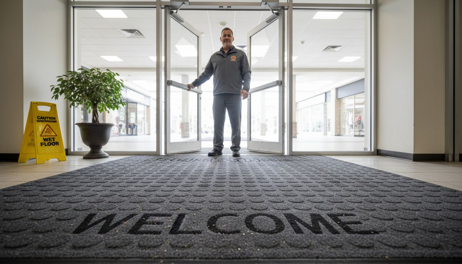 Branded mat at retail plaza entrance