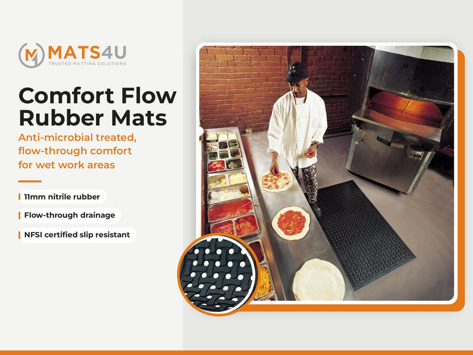 Mats4U Comfort Flow anti-microbial rubber mat in use in a commercial kitchen