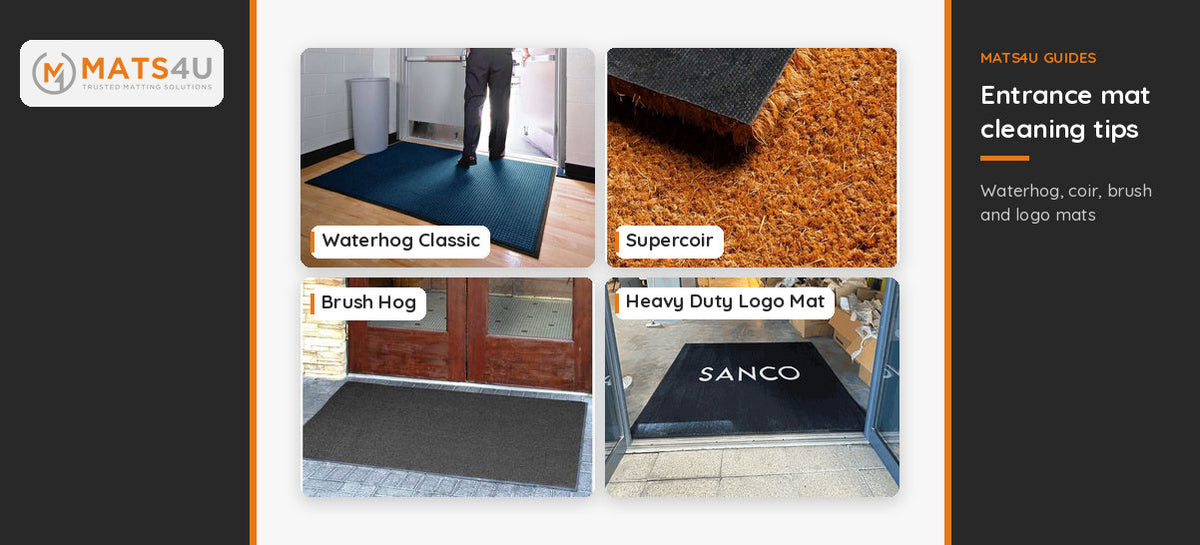 Mats4U collage of Waterhog Classic, Supercoir, Brush Hog and heavy duty logo entrance mats