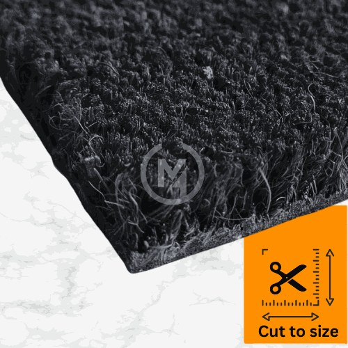 Close-up of a Premium Black Coir Doormat, showing dense, dark fibres and robust construction, suitable for heavy traffic UK entrances