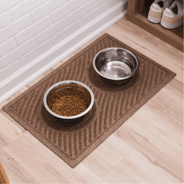 WaterHog Pet Bowl Mat in grey with pet bowls